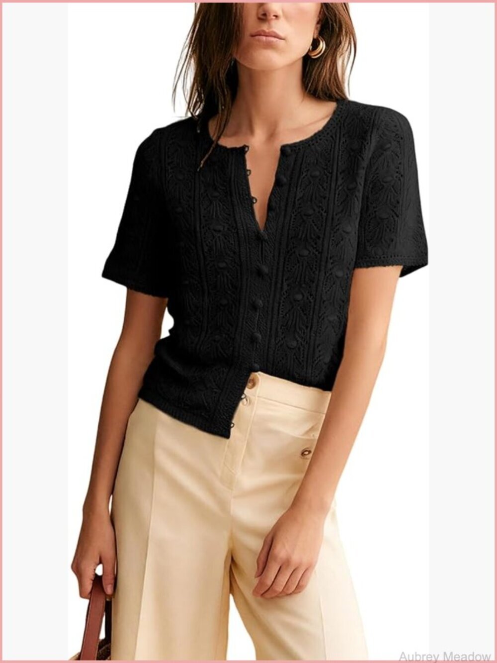 Women's Crochet Knit Cardigan - Lightweight Short Sleeve Button Down Top